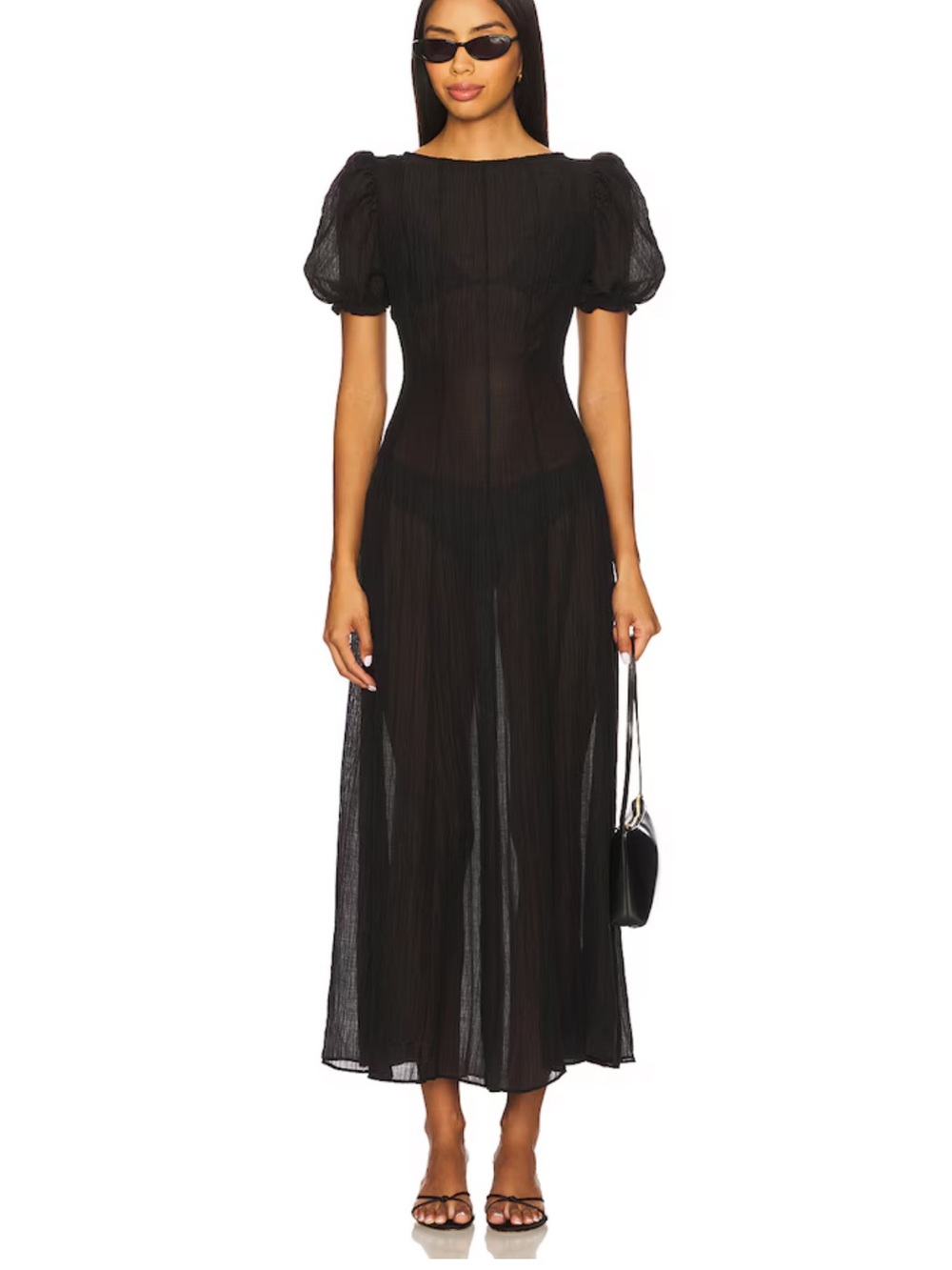 LPA Black Sheer Puff-Sleeve Maxi Dress